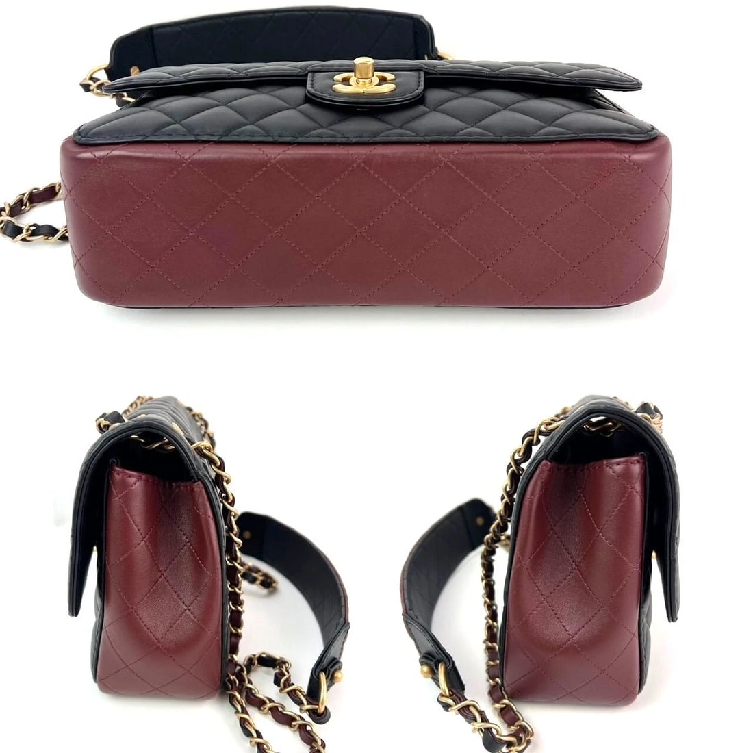 Chanel Calfskin Quilted Strap into Flap Black Burgundy Shoulder Bag - 5