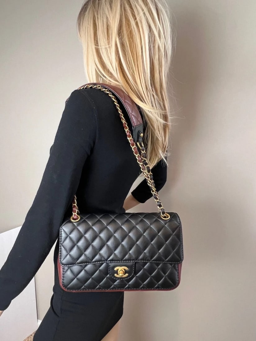 Chanel Calfskin Quilted Strap into Flap Black Burgundy Shoulder Bag - 9