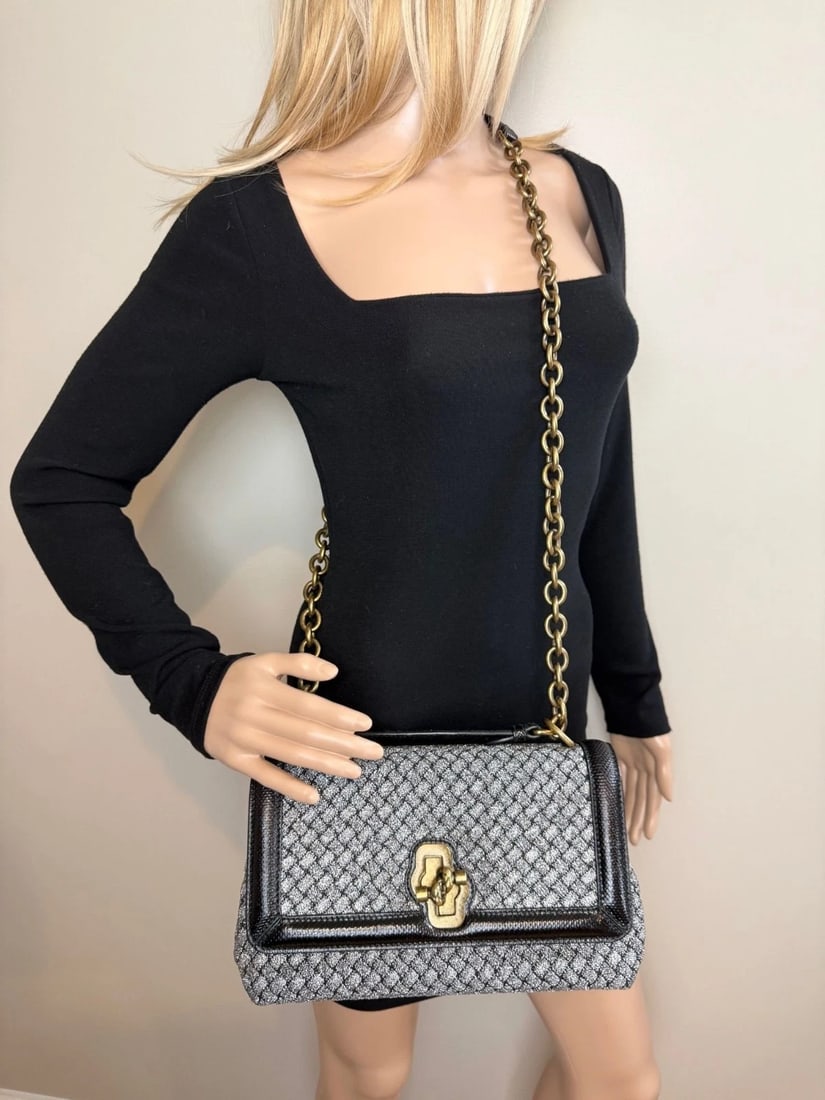 Bottega Veneta Metallic Wool Woven Patent Ayers Olimpia Knot Silver Bag - 12