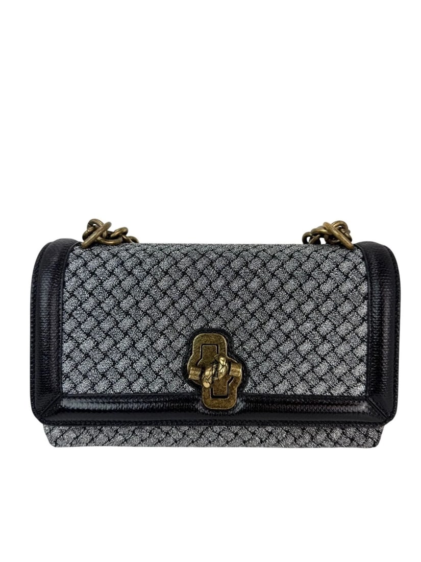 Bottega Veneta Metallic Wool Woven Patent Ayers Olimpia Knot Silver Bag - 2