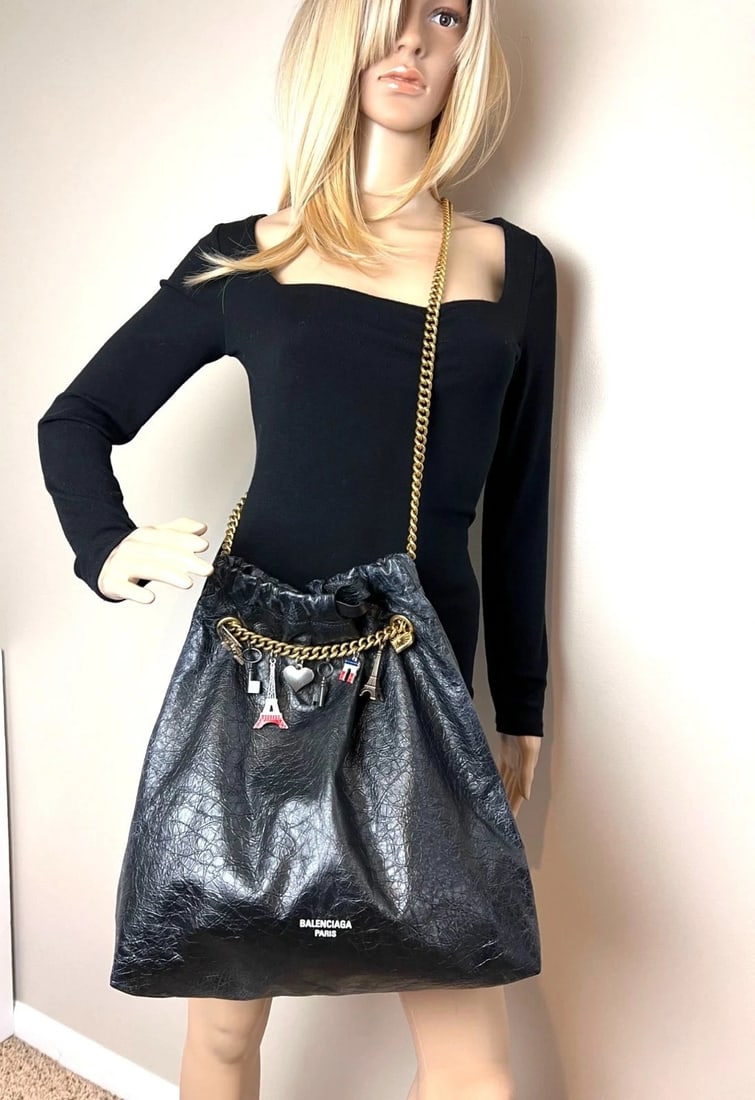 Balenciaga Leather Crush Medium Black Paris Charms Tote Bag - 15