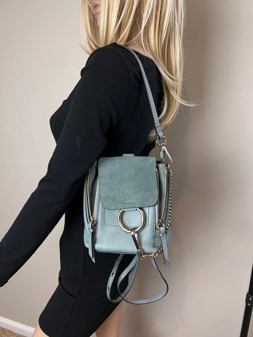 Chloe Blue Faye Mini Suede and Leather Backpack Bag - 7