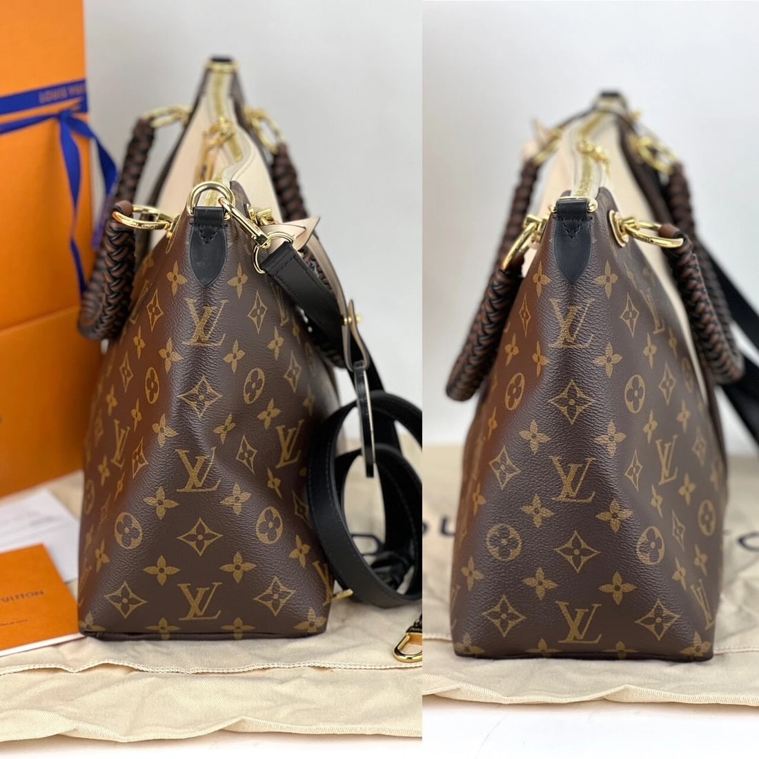 Louis Vuitton Braided V Tote MM Cream Leather Monogram Hand Bag - 12