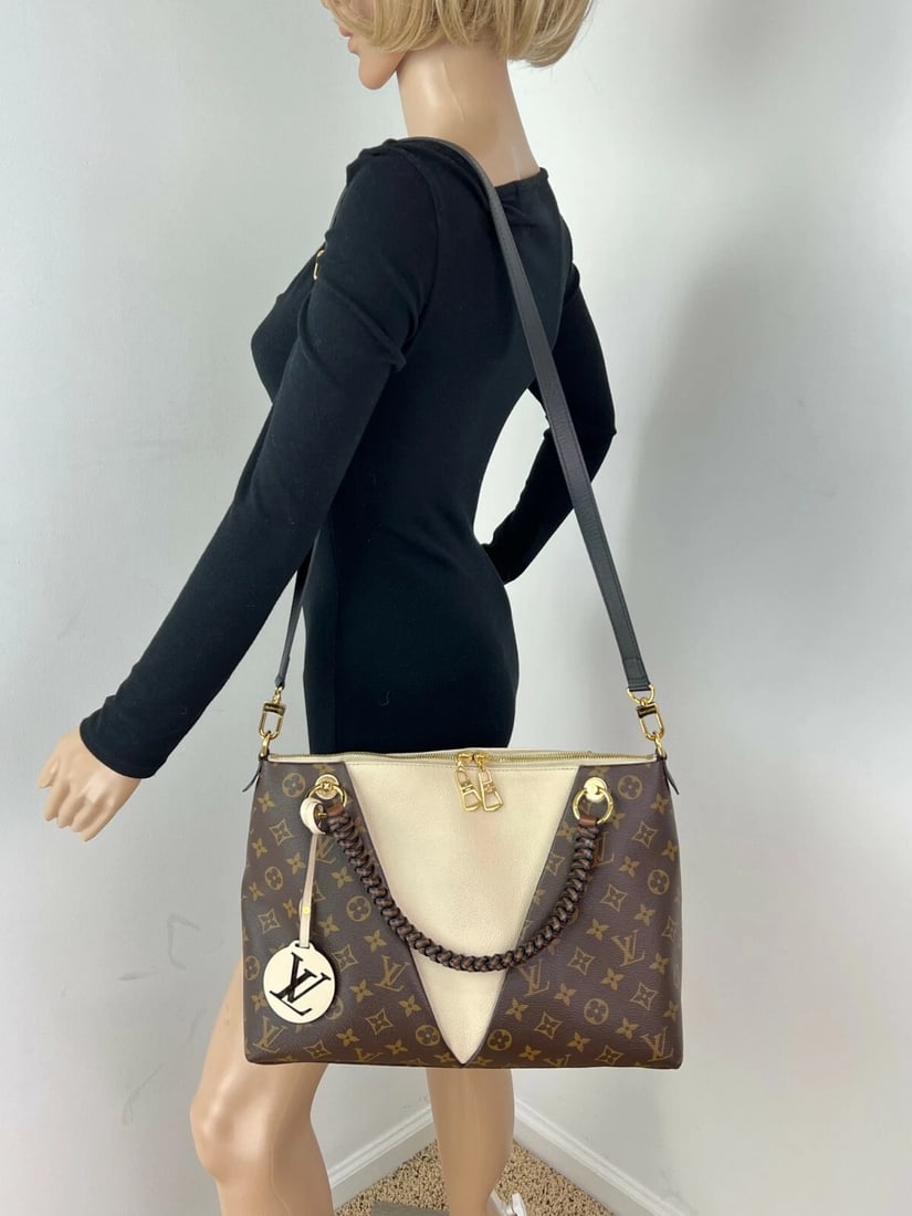 Louis Vuitton Braided V Tote MM Cream Leather Monogram Hand Bag - 4