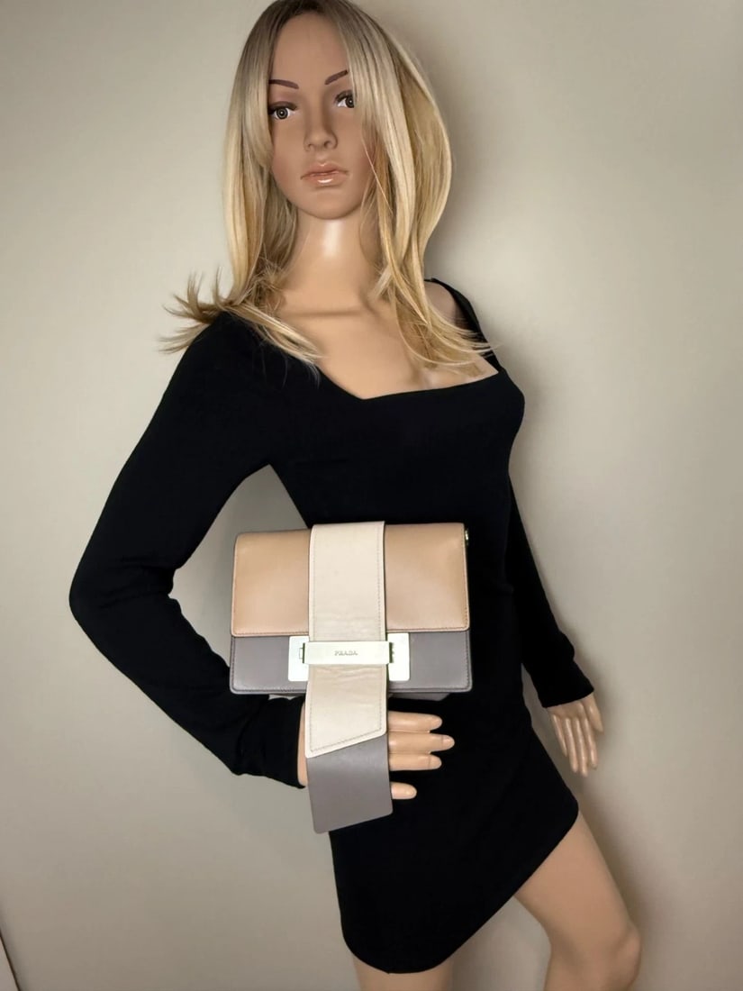 Prada Cahier Beige Gray Calfskin Leather Crossbody Clutch Bag - 10