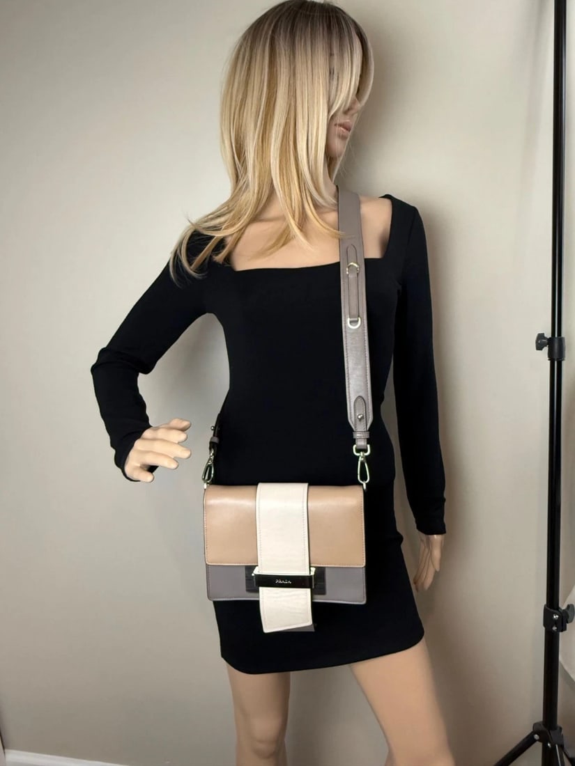 Prada Cahier Beige Gray Calfskin Leather Crossbody Clutch Bag - 9