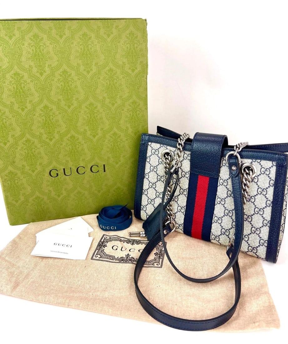 Gucci GG Supreme Dollar Calfskin Web Small Padlock Navy Tote - 3