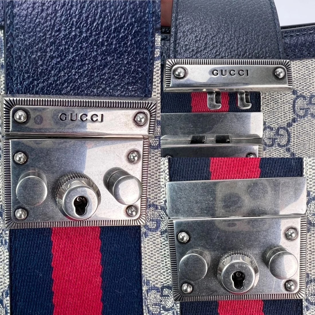 Gucci GG Supreme Dollar Calfskin Web Small Padlock Navy Tote - 6