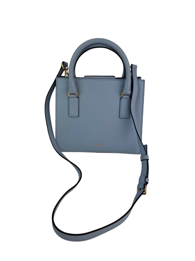 Versace Virtus Top Handle Grained Calfskin Light Blue Tote - 3