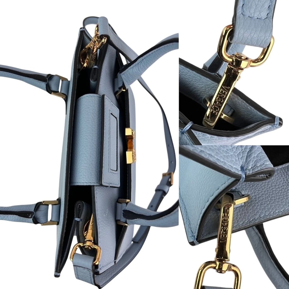 Versace Virtus Top Handle Grained Calfskin Light Blue Tote - 4