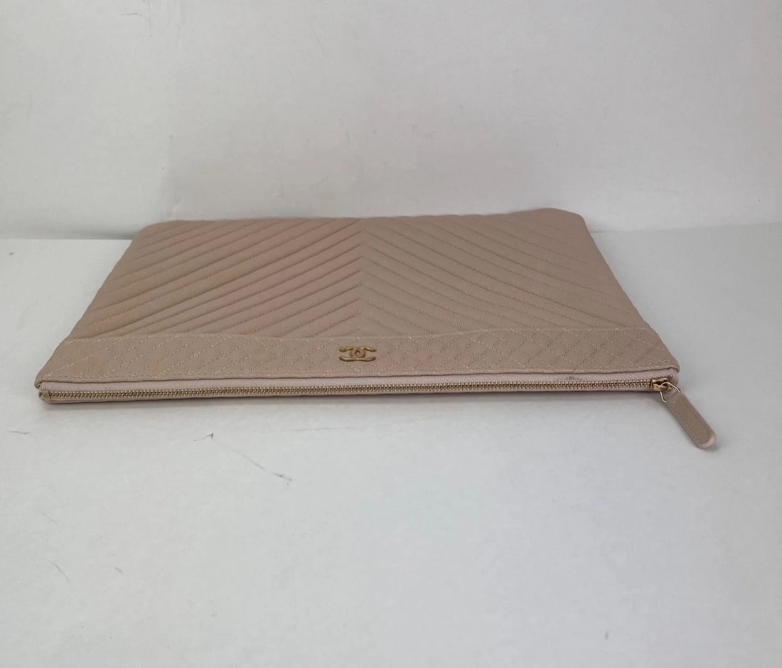 Chanel Caviar Chevron Quilted Large Beige Leather Cosmetic Clutch Bag - 11