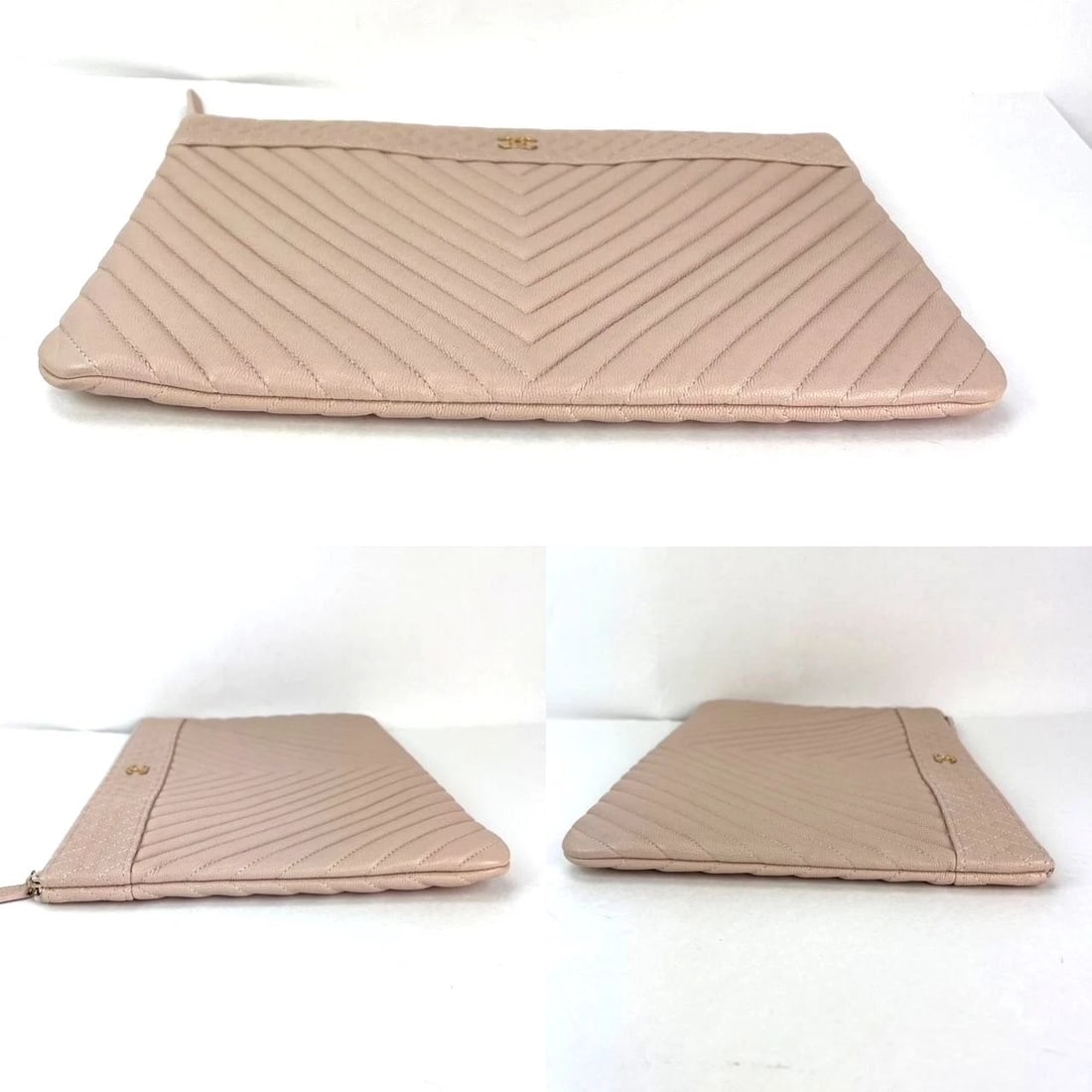 Chanel Caviar Chevron Quilted Large Beige Leather Cosmetic Clutch Bag - 3