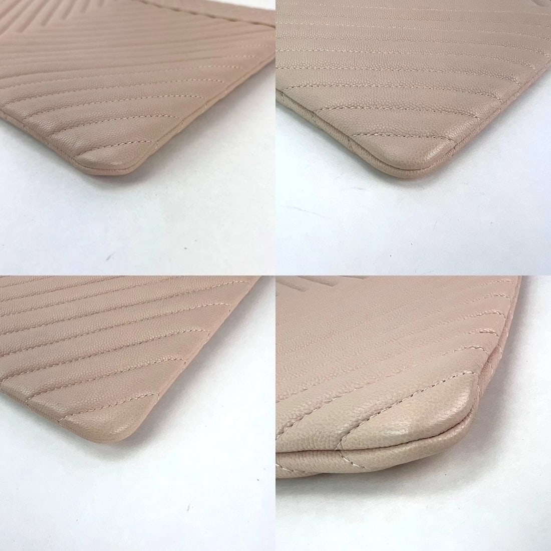 Chanel Caviar Chevron Quilted Large Beige Leather Cosmetic Clutch Bag - 4