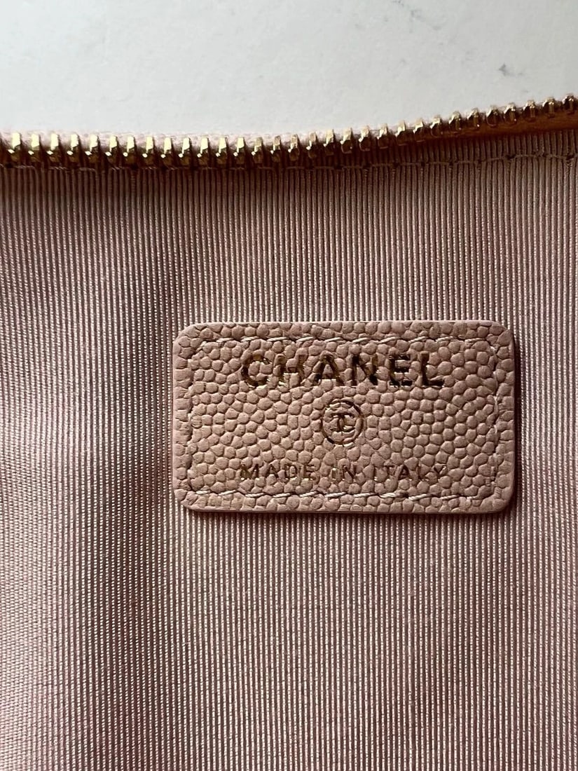 Chanel Caviar Chevron Quilted Large Beige Leather Cosmetic Clutch Bag - 7