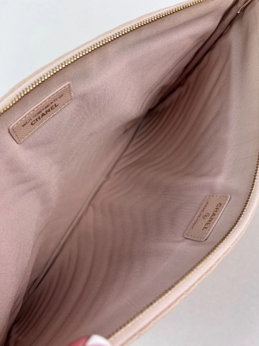 Chanel Caviar Chevron Quilted Large Beige Leather Cosmetic Clutch Bag - 8