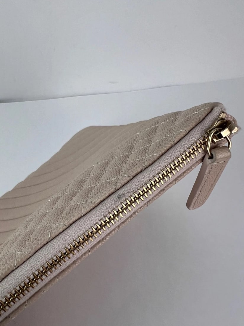 Chanel Caviar Chevron Quilted Large Beige Leather Cosmetic Clutch Bag - 9