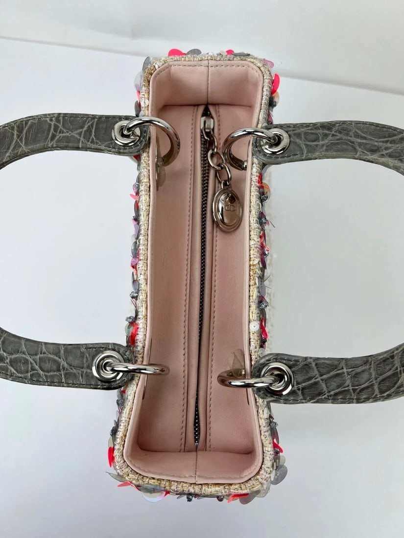 Christian Dior Sequins Tweed Medium Lady Dior Light Pink Bag - 10