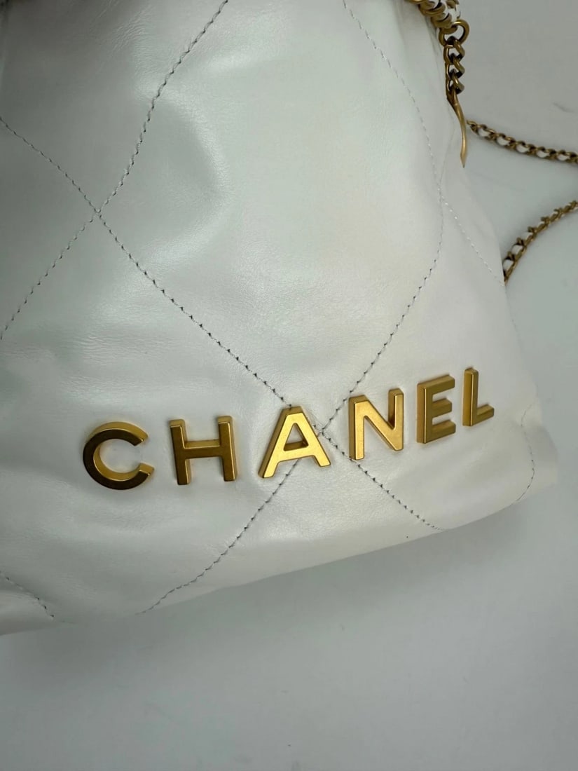 Chanel 22 Mini Shiny Calfskin Quilted White Crossbody Hand Bag - 12