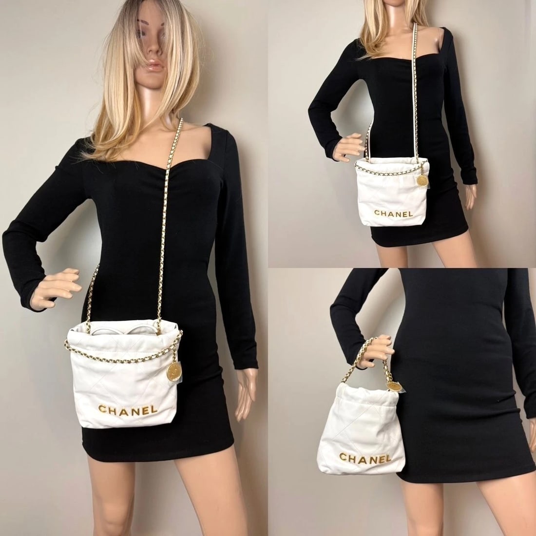 Chanel 22 Mini Shiny Calfskin Quilted White Crossbody Hand Bag - 3