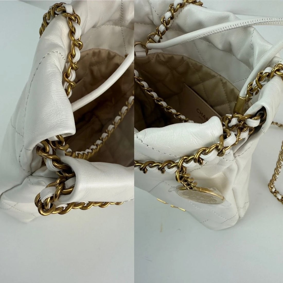 Chanel 22 Mini Shiny Calfskin Quilted White Crossbody Hand Bag - 6