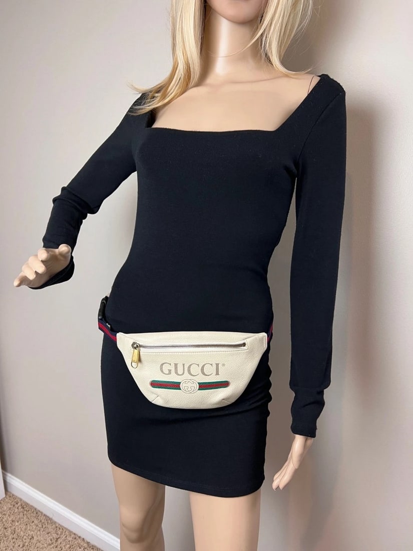 Gucci Logo White Leather Web Belt Sling Bag - 12