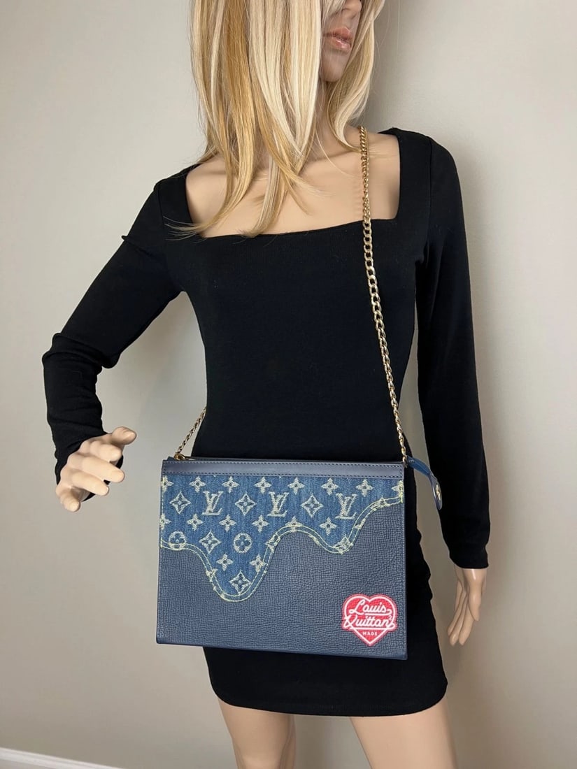 Louis Vuitton X Nigo Taurillon Denim Drip Pochette Voyage MM Crossbody Clutch Ba - 4