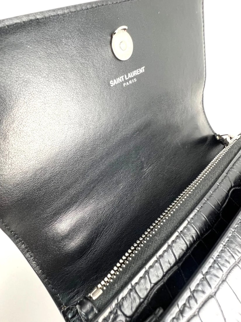 Saint Laurent Black Leather Sunset Wallet Chain Crocodile EmbossedBag - 10
