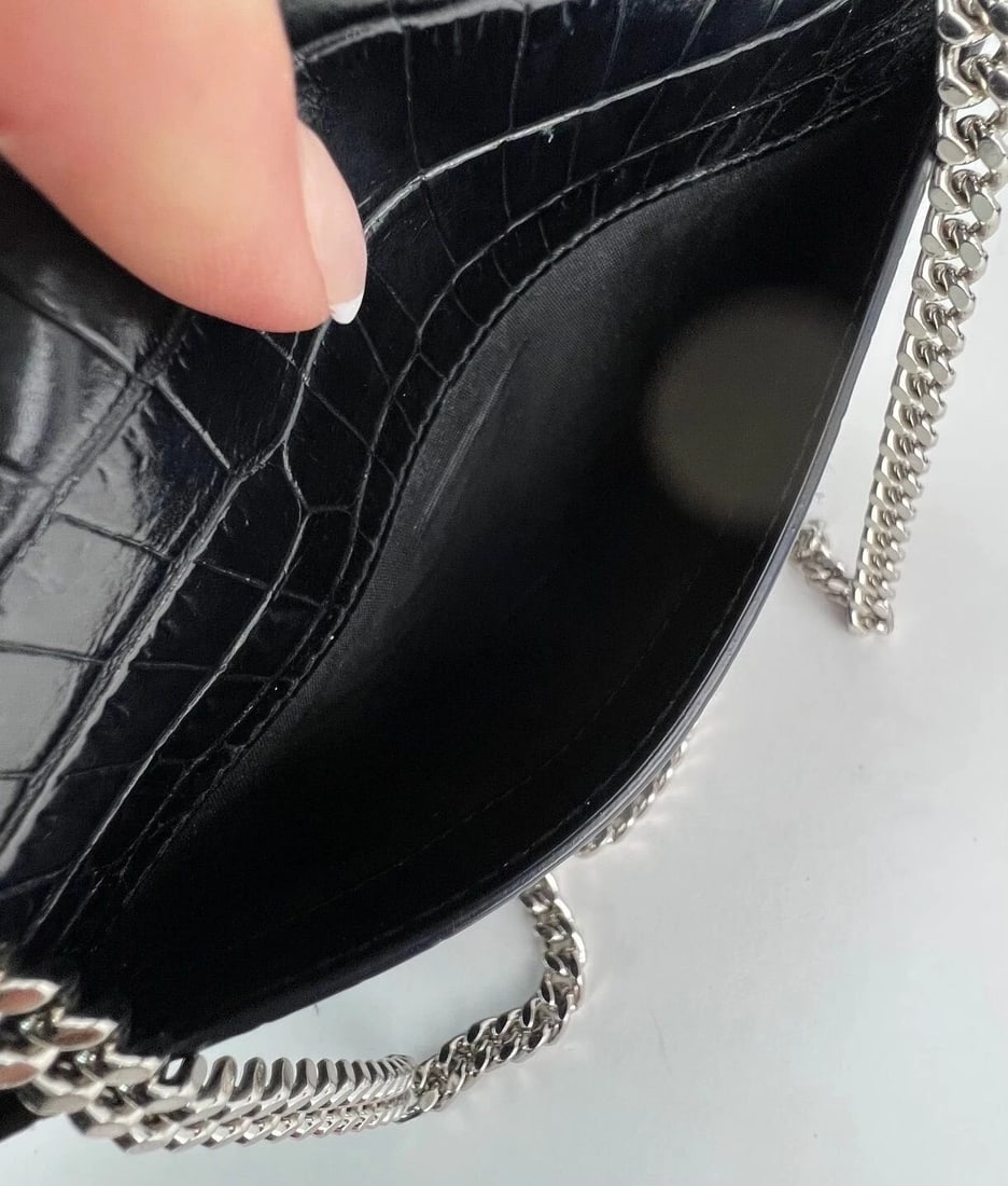 Saint Laurent Black Leather Sunset Wallet Chain Crocodile EmbossedBag - 14