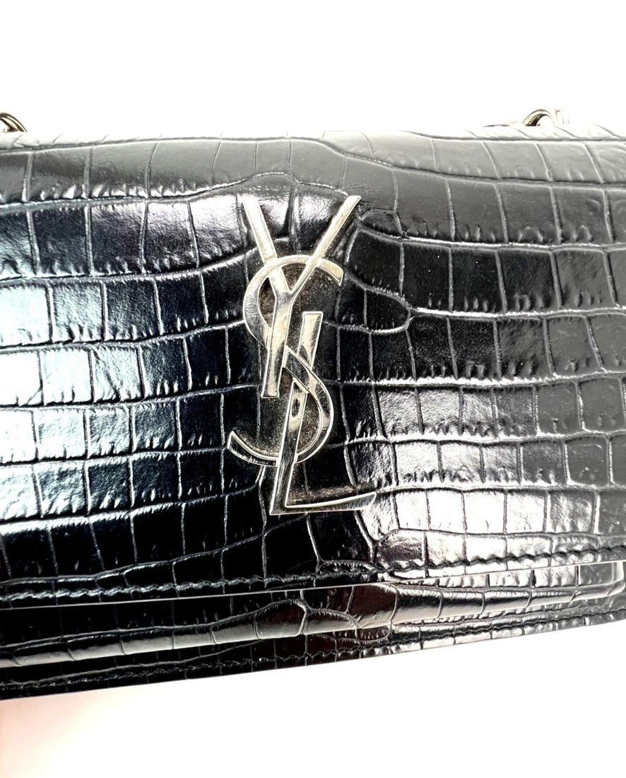 Saint Laurent Black Leather Sunset Wallet Chain Crocodile EmbossedBag - 4