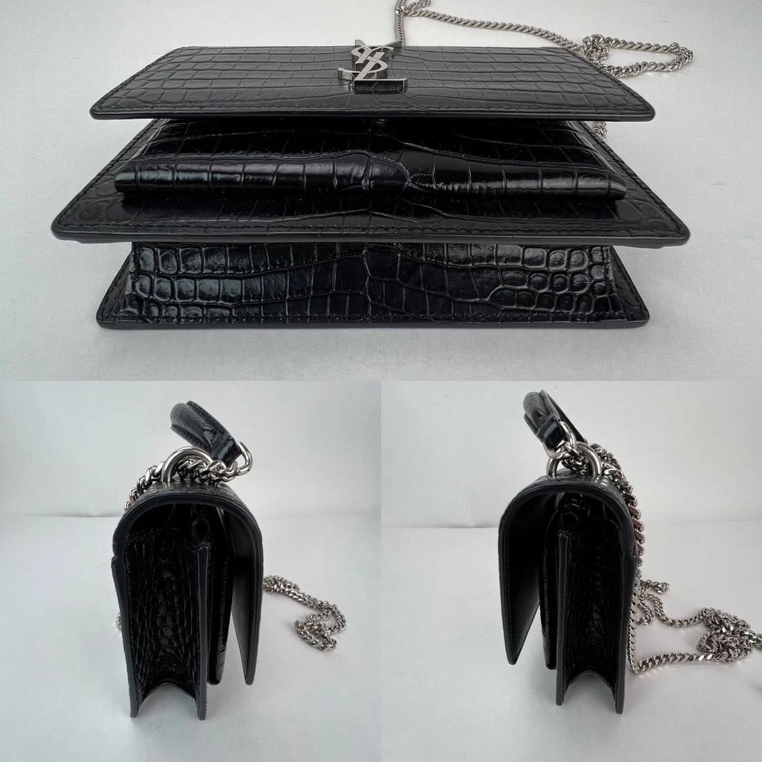 Saint Laurent Black Leather Sunset Wallet Chain Crocodile EmbossedBag - 5