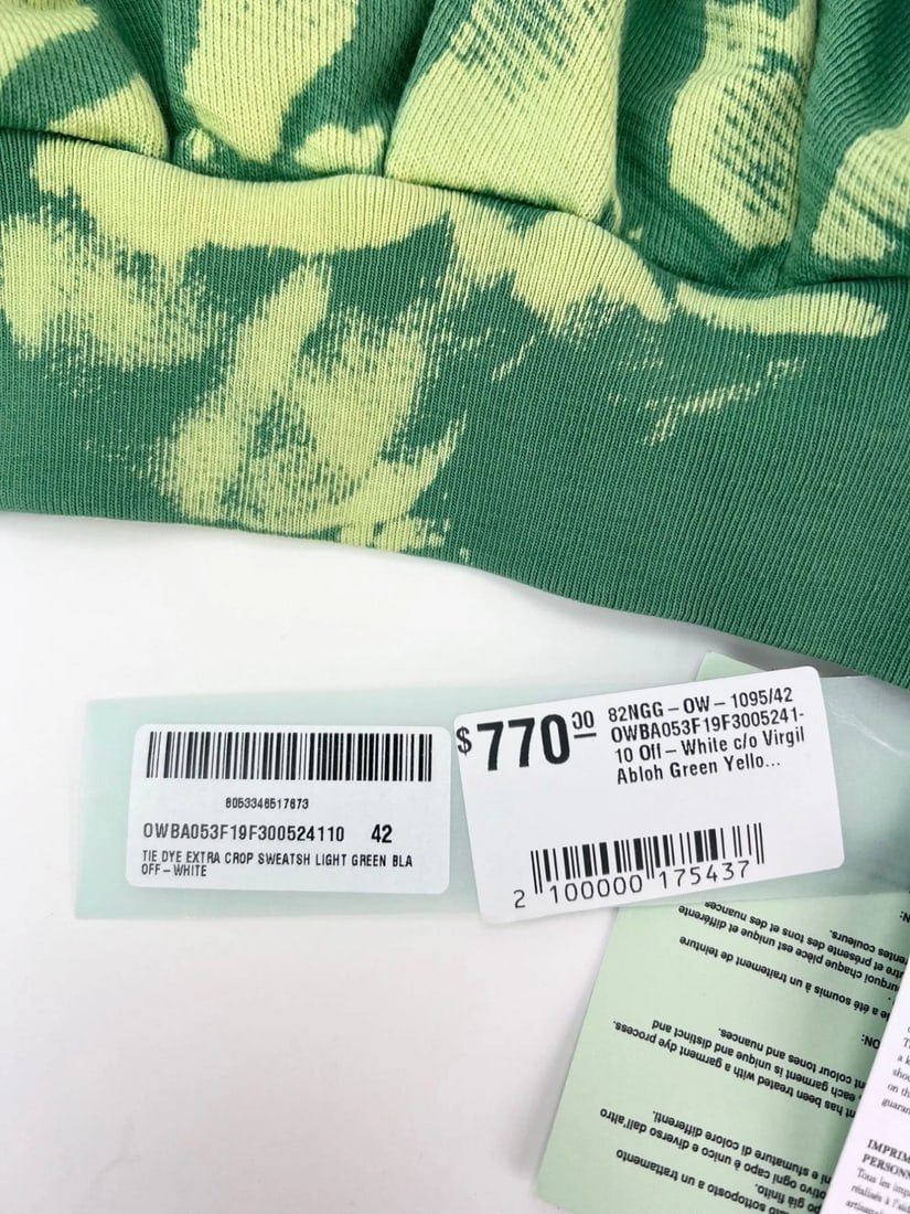 OFF White Tye Dye Xtra Crop Sweatsh Light Green Sweatshirt NEW - 7