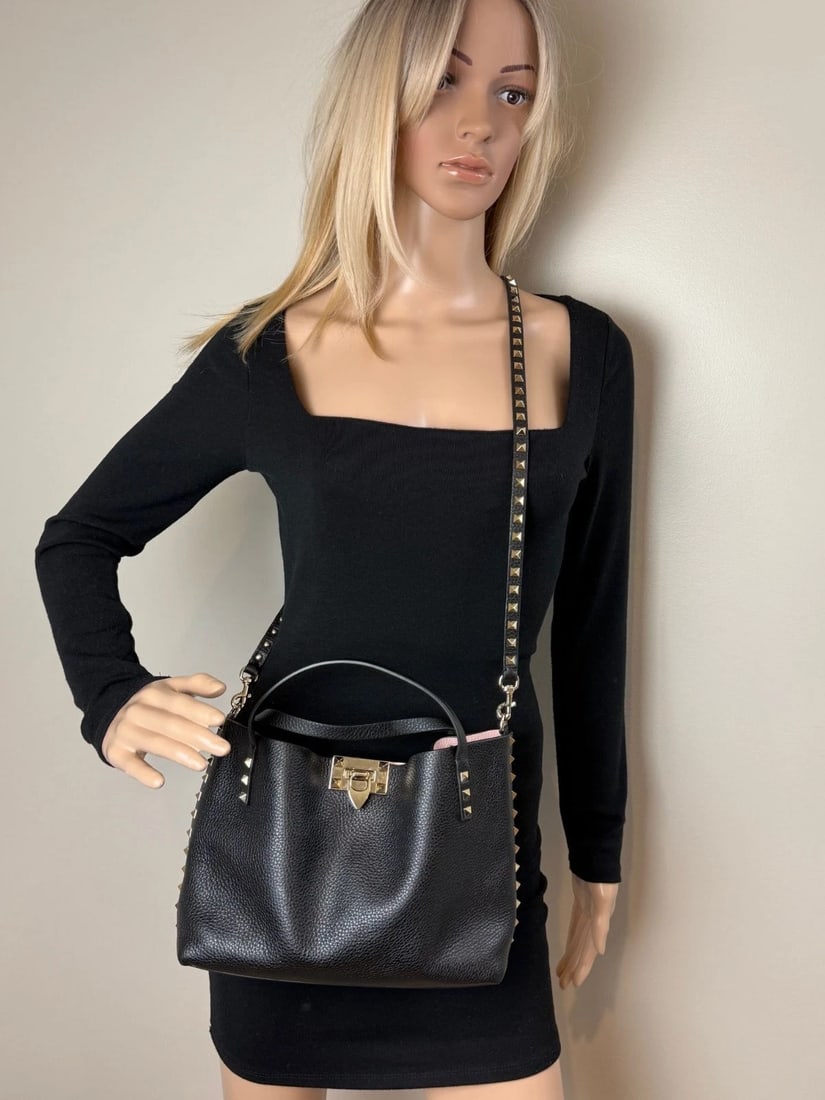 Valentino Giaravani Rockstud Small Black Leather Tote Bag - 12