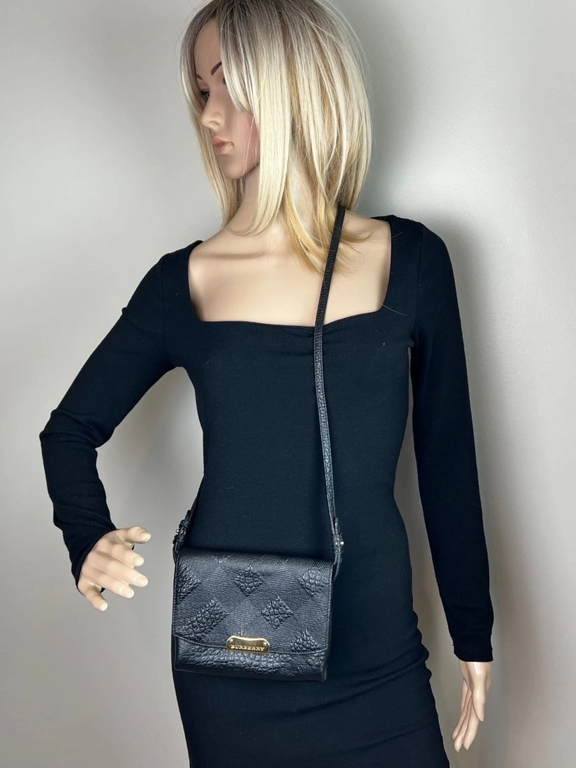 Burberry Signature Grain Leather Check Embossed Langley Black Crossbody - 6