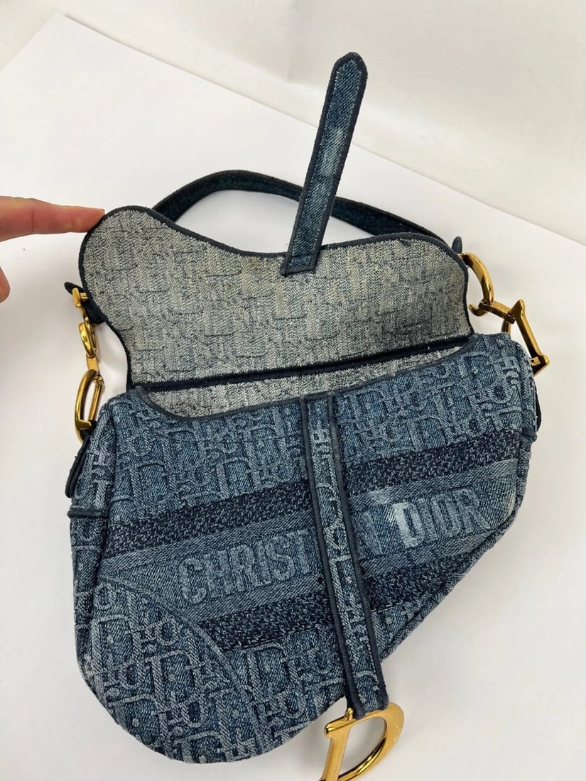 Christian Dior Oblique Embroidered Saddle Denim Blue Canvas Shoulder Bag I - 10
