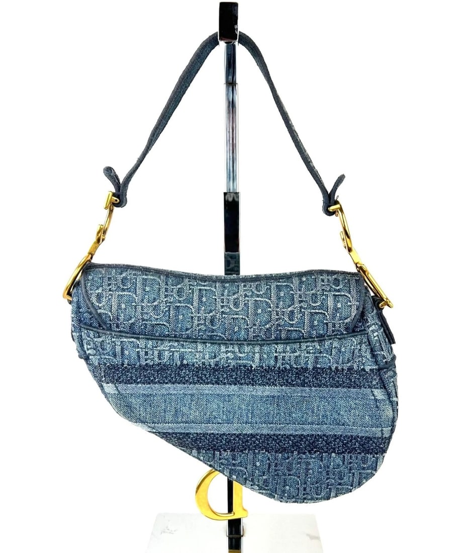 Christian Dior Oblique Embroidered Saddle Denim Blue Canvas Shoulder Bag I - 2