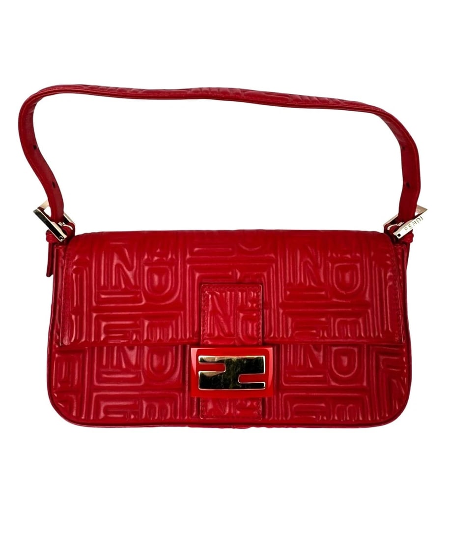 Fendi Red Leather Baugettte Shoulder Clutch Bag: Title: Fendi Red Leather Baugettte Shoulder Clutch Bag Description: Pre-Owned 100% Authentic Fendi Red Leather Baugettte Shoulder Clutch Bag RATING: B...Very Good, well maintained, shows minor signs o