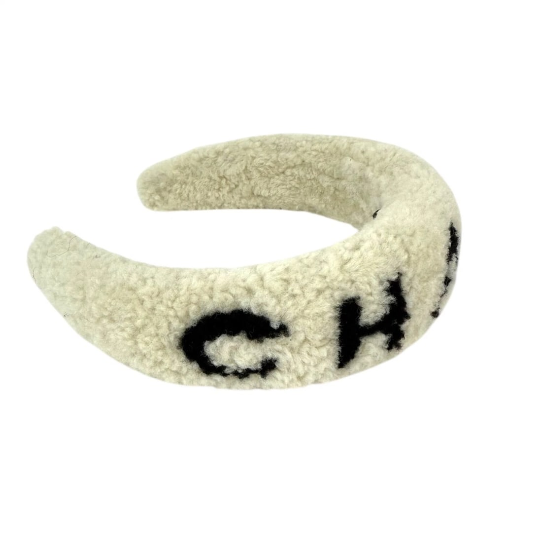 Chanel Shearling Logo Ecru Black Headband - 2