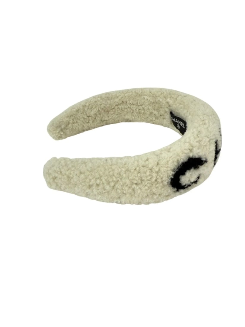Chanel Shearling Logo Ecru Black Headband - 3