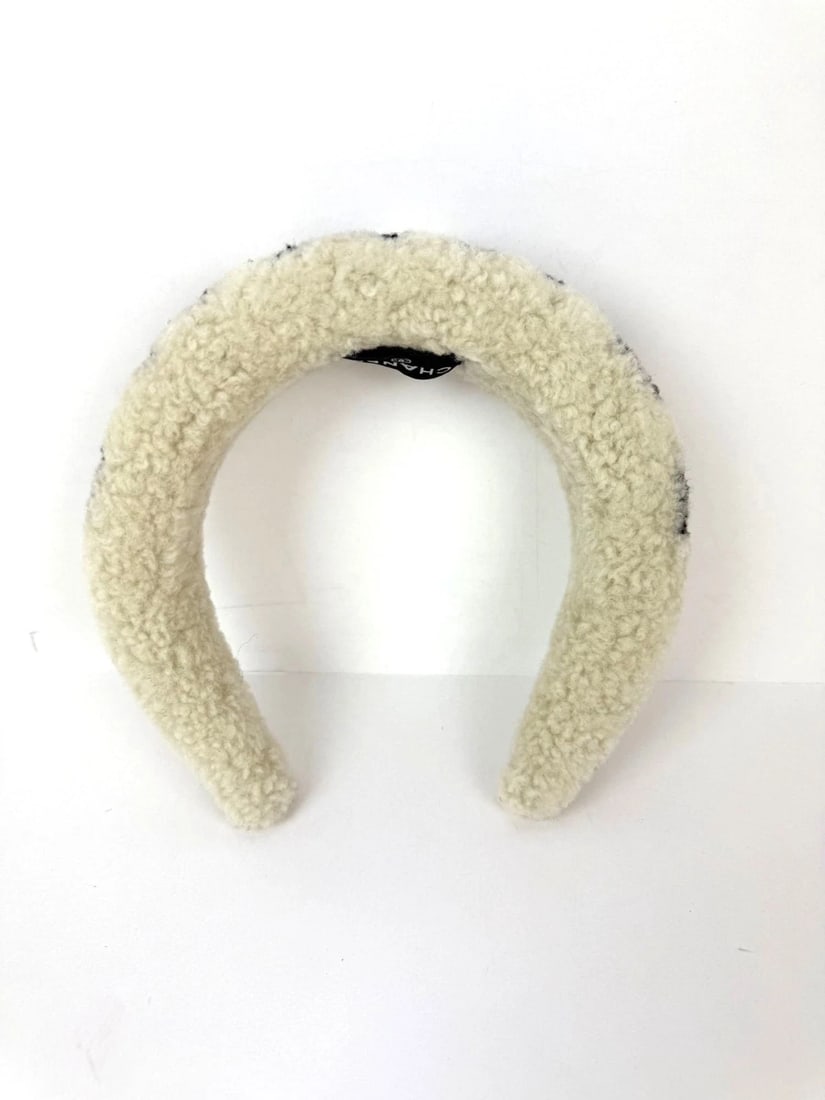 Chanel Shearling Logo Ecru Black Headband - 5