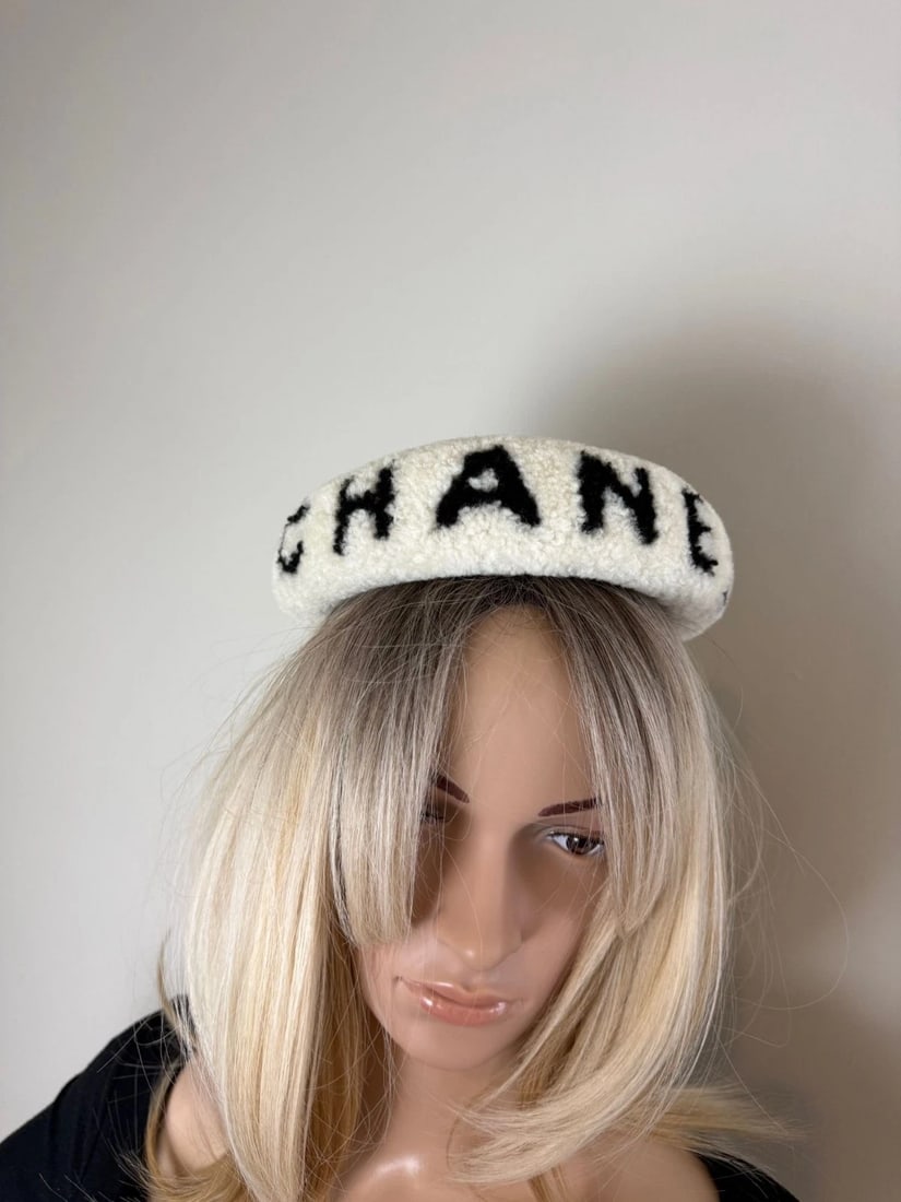 Chanel Shearling Logo Ecru Black Headband - 7
