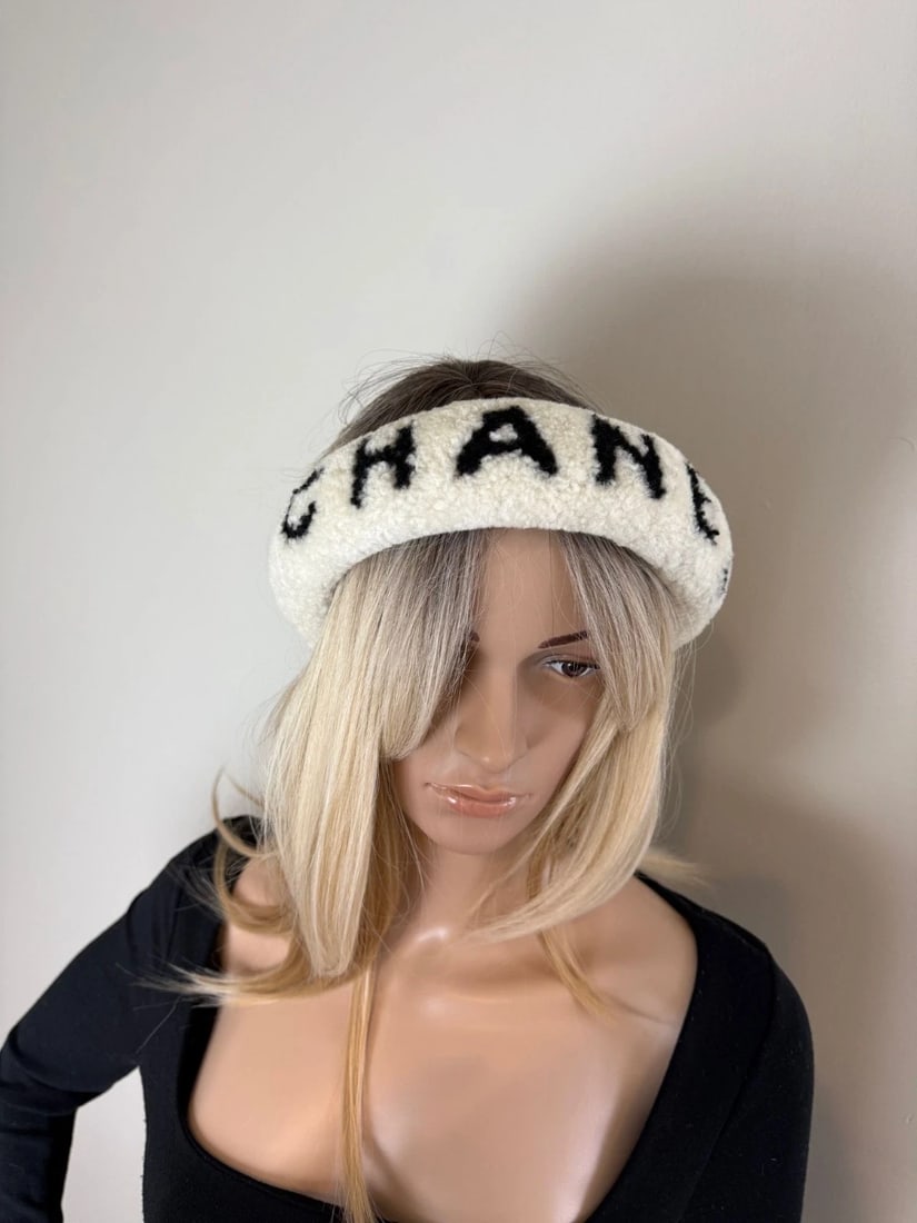 Chanel Shearling Logo Ecru Black Headband - 8