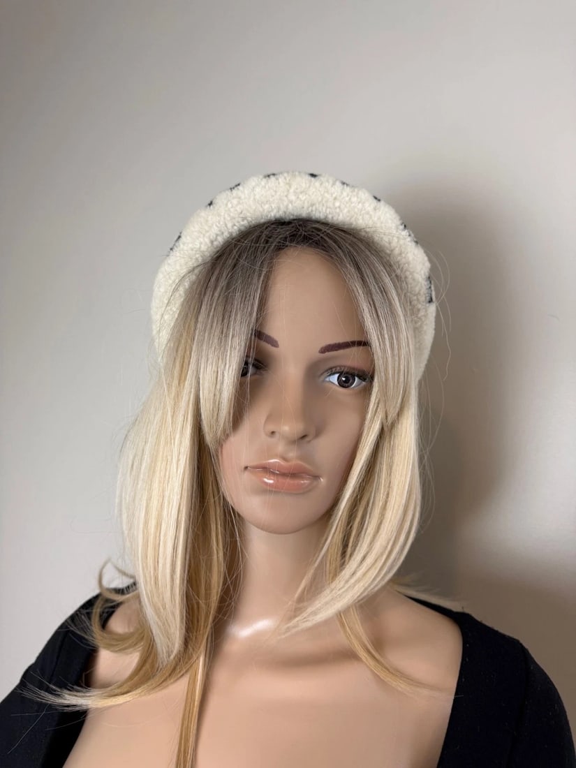 Chanel Shearling Logo Ecru Black Headband - 9