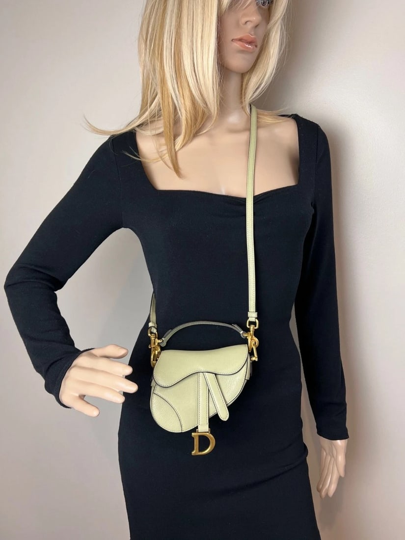 Christian Dior Goatskin Light Green Micro Saddle Bag with Strap - 6