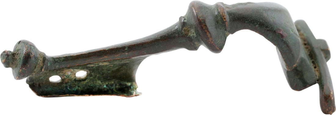 ROMAN BROOCH (FIBULA) C.50-200 AD: Riha (Die romischen Fibeln aus Augst und Kaiseraugst) type B3 with an independent spring on an axel pierced through the bow base. Bronze, 1 3/4” (1.71”) length. Elegant tapered bow with a