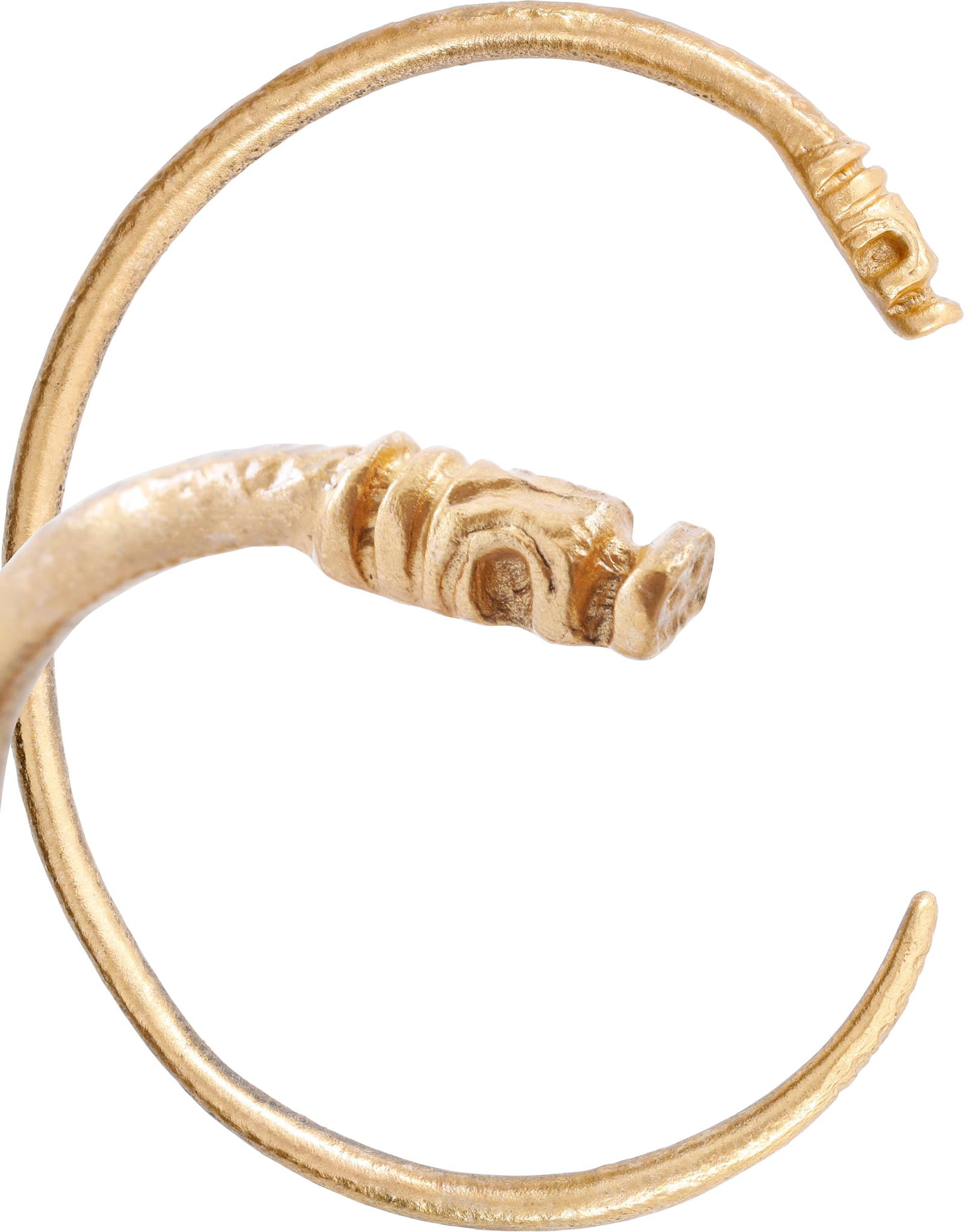 VIKING SERPENT BRACELET, 8TH-10TH CENTURY AD: Gilt bronze, C form with well sculpted snake or sea serpent head and tapered tail. Just over 2 7/8” (2.92”) inner dimension for an average arm. Surface texture from burial. Professionally