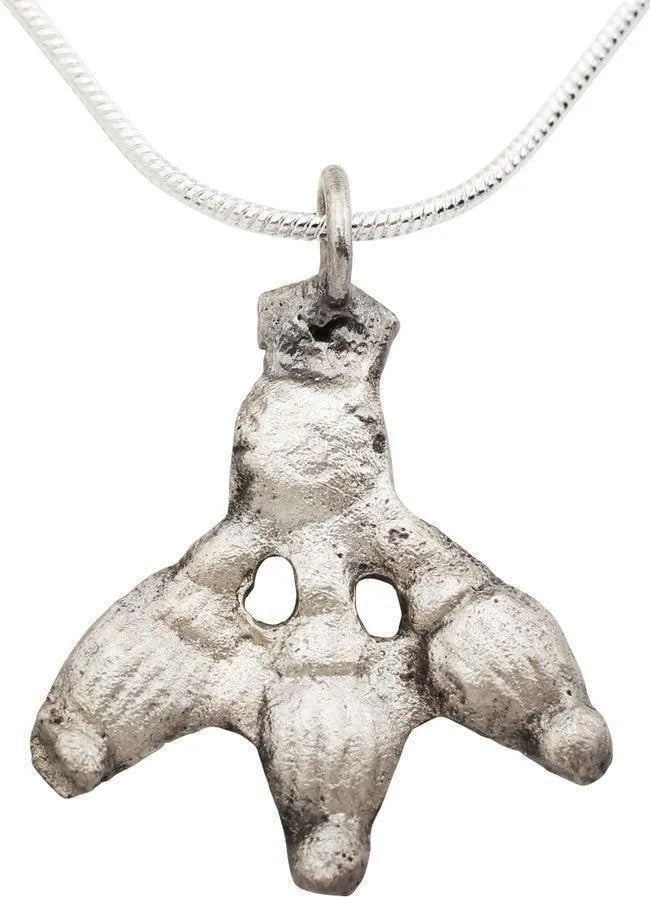 MEDIEVAL TREFOIL PENDANT, 10th-15th CENTURY: Silvered bronze, 7/8" width, of three closed buds form. Each bud of naturalistic form is sculpted in high relief. On a modern Sterling silver neck chain with the silver surface restored. Gift boxed wi