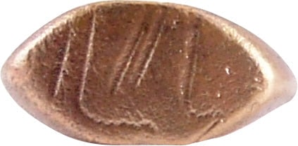 MEDIEVAL EUROPEAN RING, 7TH-10TH C.AD, SIZE 7: Slightly oval, size 7 with ridged face band flaring to the shoulders, 2.7mm at the bottom. Pointed oval bezel cut with four straight and one curved line. Probably serving as a signet ring to seal wax