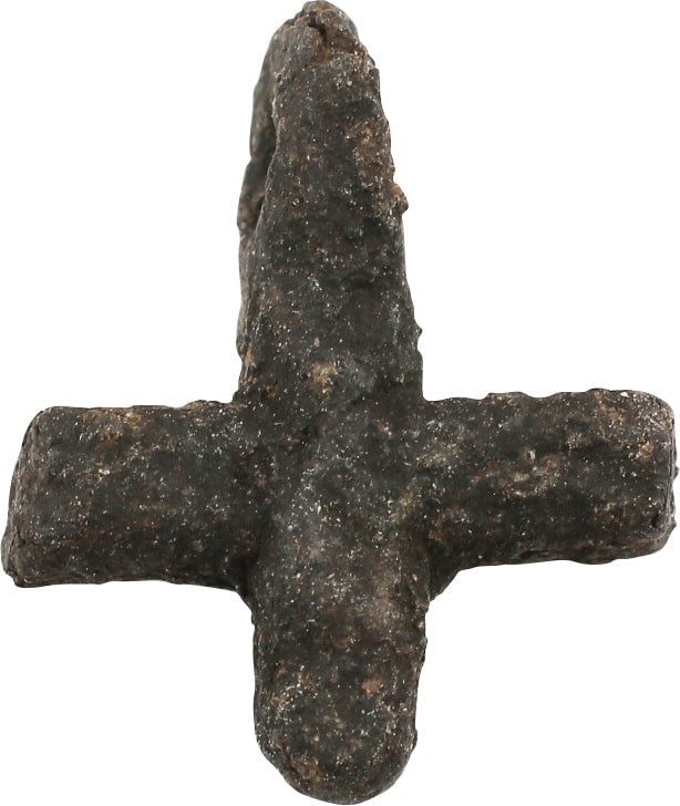 FINE ENGLISH MORTUARY CROSS, 14th CENTURY: Lead, just under 3/4" height with the cross beam centered. Made for burial with plague victims of the first great plague of 1348-49. The top pierced for a cord to attach to the body of the victim.