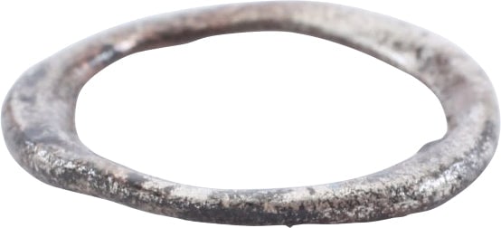 RARE VIKING BEARD RING, 10th-11th CENT AD.: Silvered bronze. Round, 1.4mm thick. 0.71" outside dimension. 0.54" inside dimension, 18.0mm outside, 13.7mm inside. The use of beard rings by Viking warriors is well documented but surviving examples
