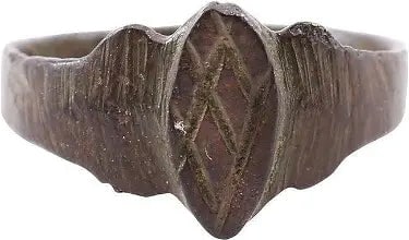 MEDIEVAL EUROPEAN WOMAN'S RING, SIZE 1 3/4: Bronze, presented as found with good detail and fine patina. Small size 1 3/4 for wear between the first two joints of the small finger as was the custom. 2.2mm band flared to the shoulders. See Ancie